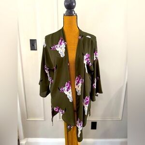 Peach‎ Love Womens Longhorn Cow skull floral kimono boho hunter green size small